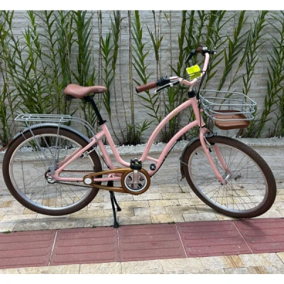 Bicicleta Aço Aro 26 Nathor Antonella Femn, 3vel Shimano Nexus, Freio V-Brake Alumínio, Garfo Rígido com Cesta, Campainha e Espelho Retrovisor – Rosa