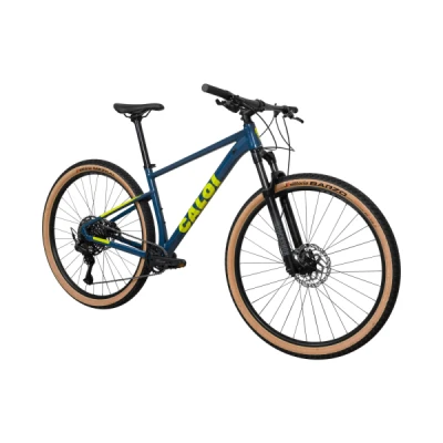 Bicileta Alumínio Aro 29 Caloi Explorer Pro SL Shimano Cues 11 V., Freio Hidraulico Shimano MT200, Garfo Suspensão RockShox Judy Silver 100mm, trava remota no guidão (T19.0) -  Azul com Amarelo