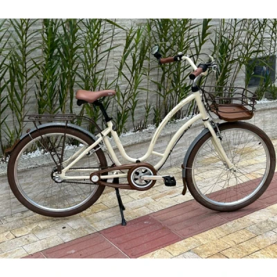 Bicicleta Aço Aro 26 Nathor Antonella Femn, 3vel Shimano Nexus, Freio V-Brake Alumínio, Garfo Rígido com Cesta, Campainha e Espelho Retrovisor – Branco Perola